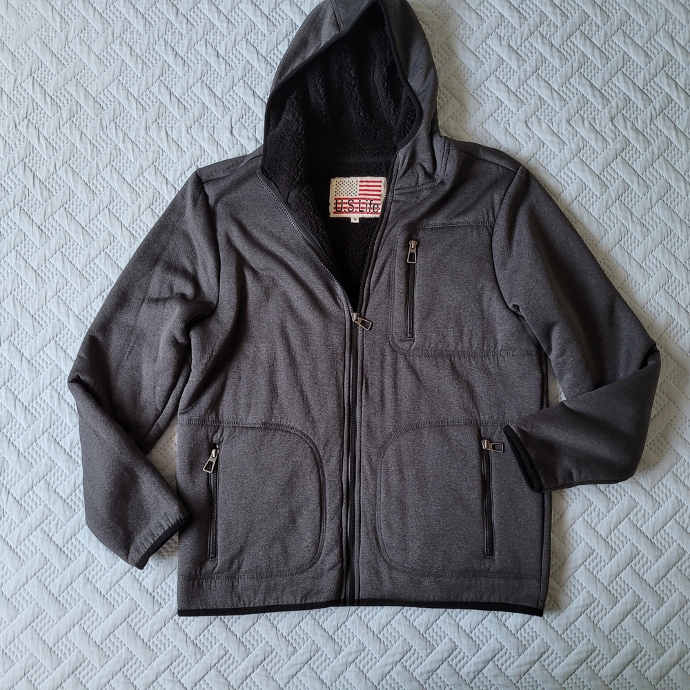 U.S. Life Men's Charcoal Gray Sherpa-Fleece Lined Full-Zip Hoodie - Picture 4 of 11